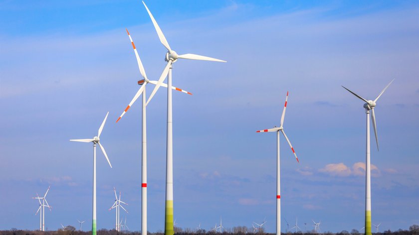 In einer Landschaft stehen viele Windräder.