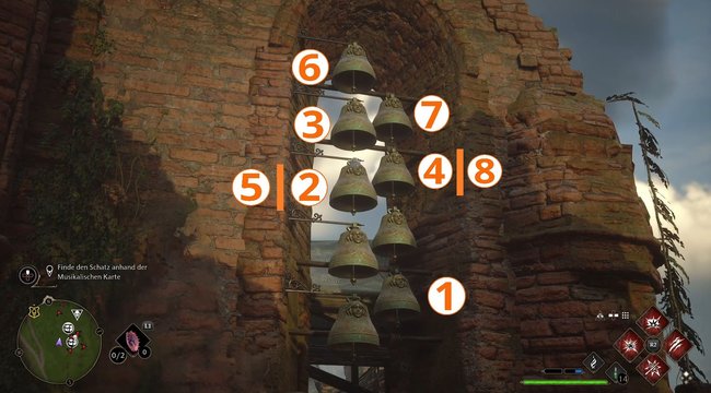 In dieser Reihenfolge müsst ihr die einzelnen Glocken auslösen. (Bildquelle: Screenshot GIGA)