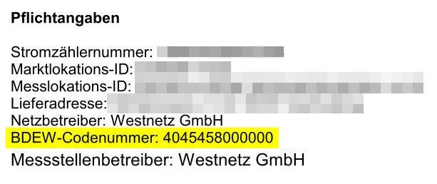 Screenshot aus einer Stromrechnung. Die Cade-Nummer des Grundversorgers wird angezeigt.