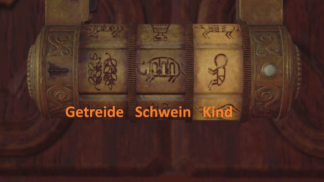 Für die richtige Lösung müsst ihr die Symbole von links nach rechts für Getreide, Schwein und Kind einstellen (Quelle: Screenshot GIGA).