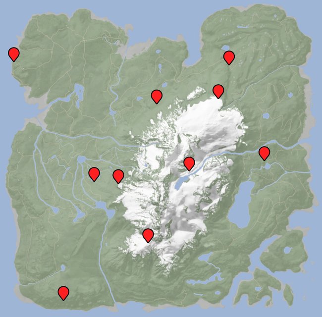 Die Karte zeigt euch 10 Gleiter-Fundorte in Sons of the Forest. (Bildquelle: mapgenie.io / Beabeitung: GIGA)