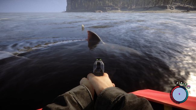 Mit der Pistole könnt ihr die Haie in die Flucht schlagen. (Bildquelle: Screenshot GIGA)