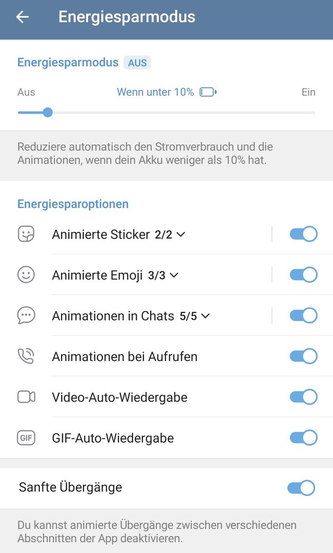 Screenshot der Einstellungen zum Energiesparmodus bei Telegram