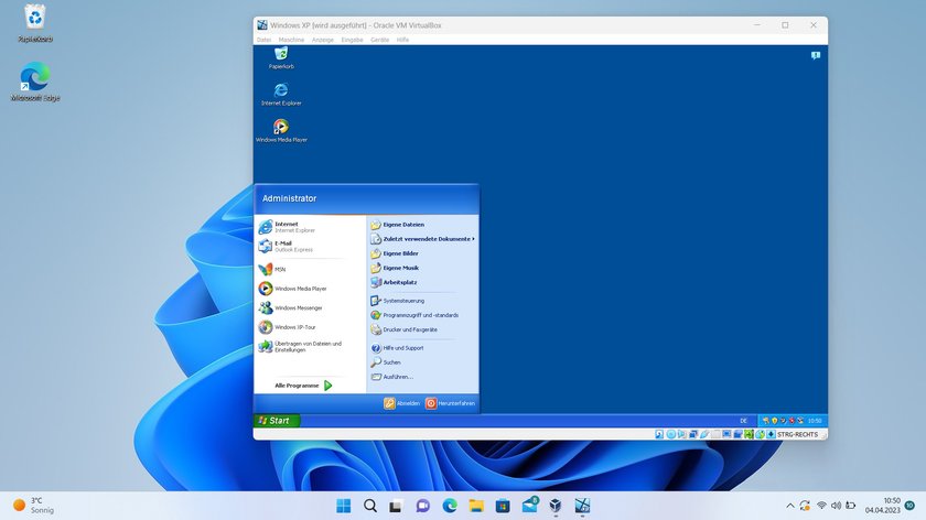 Windows XP läuft in einem Fester innerhalb von WIndows 11.