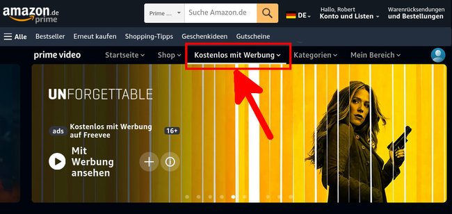 Hier zeigt Amazon kostenlose Filme und Serien an, allerdings mit Werbung. Bildquelle: GIGA