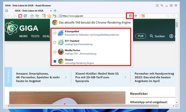 Avant Browser Ultimate: Hier stellt ihr die Rendering-Engine ein. Bildquelle: GIGA