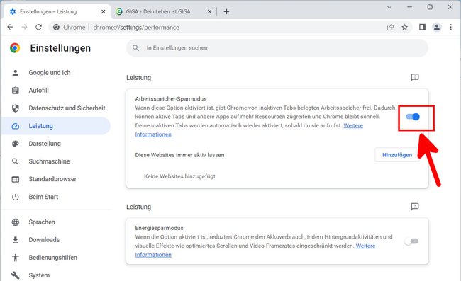 Hier schaltet ihr den Arbeitsspeicher-Sparmodus in Chrome ein. Bildquelle: GIGA