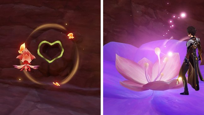 به دنبال نمادهای قلبی شکل بر روی صورت های صخره ای بگردید و از توانایی Sorush برای شکوفه دادن Udumbara استفاده کنید.  (منبع تصویر: Screenshot GIGA)