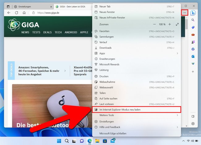 So ladet ihr die geöffnete Webseite im Internet-Explorer-Modus. Bildquelle: GIGA
