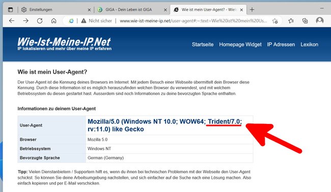 Der Browser Microsoft Edge stellt die Webseite nun mit der Trident-Engine des Internet Explorers dar. Bildquelle: GIGA