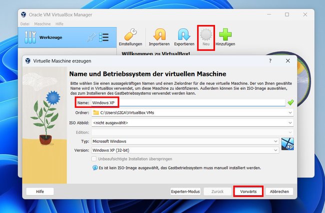 Virtualbox erstellt eine virtuelle Maschine für Windows XP. Bildquelle: GIGA