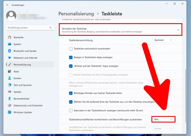 Hier schaltet ihr die Gruppierung der Taskleiste in Windows 11 aus. (Bildquelle: GIGA)