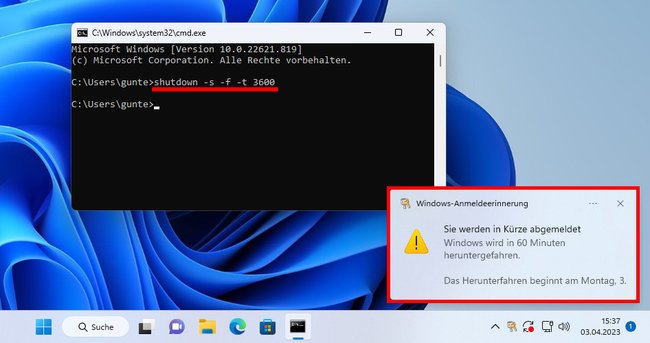 Windows 11 fährt mit dem Befehl erst nach 1 Stunde herunter. Bildquelle: GIGA