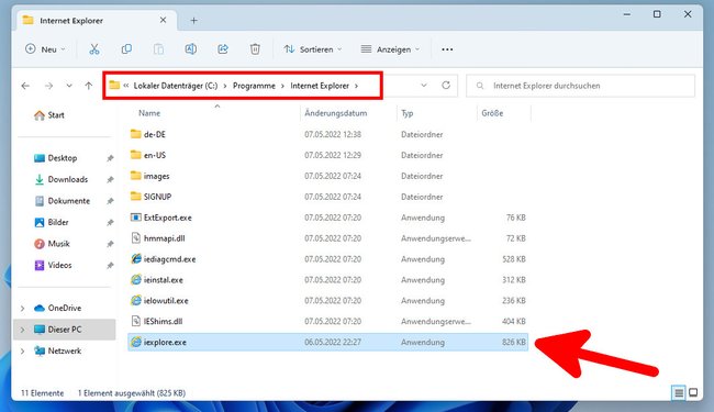 Die Dateien für den Internet Explorer sind noch in Windows 11 vorhanden. Bildquelle: GIGA