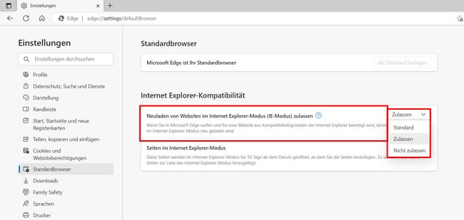 Stellt diese Option ein, damit der IE-Modus genutzt werden kann. Bildquelle: GIGA
