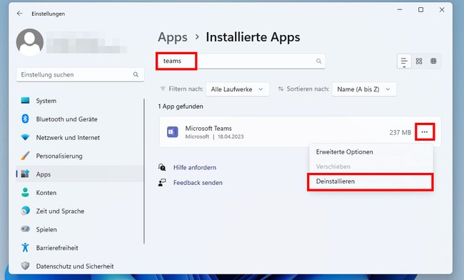 Hier wird die Chat-Version von „Microsoft Teams“ deinstalliert. Bildquelle: GIGA