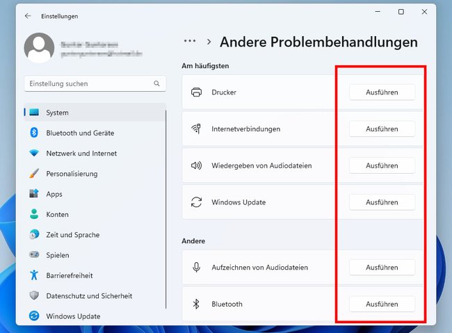 Hier startet ihr die automatische Problembehandlung in Windows 11. Bildquelle: GIGA