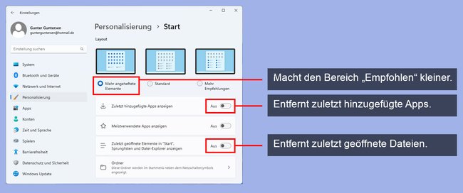 Startmenü-Einstellungen erklärt. Bildquelle: GIGA