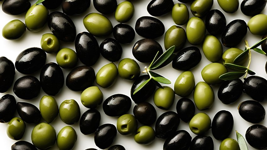 Auf einem Tisch liegen grüne und schwarze Oliven.