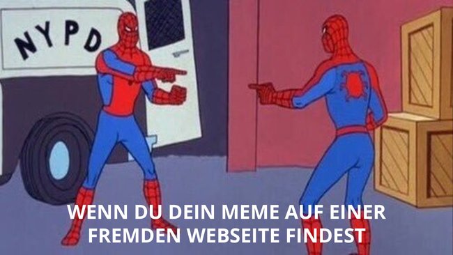 Spiderman zeigt auf Spiderman mit Meme-Text "Wenn du dein Meme auf einer fremden Webseite entdeckst"