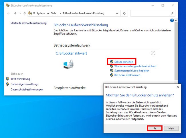 Hier pausiert ihr BitLocker. (Bildquelle: GIGA)