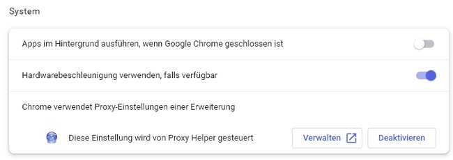 Screenshot aus den Einstellungen von Google Chrome: Deaktierung der Hardwarebeschleunigung