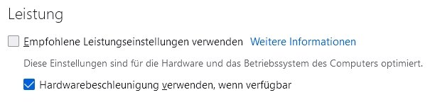 Screenshot aus den Einstellungen von Firefox: Deaktierung der Hardwarebeschleunigung