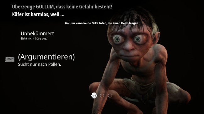 Warum diskutiert Gollum mit seinem anderen Ich über einen Käfer? Und nein, der Käfer spielt keine Rolle. Die Anzeige zu den Orks ist ein Bug. (Quelle: Daedalic Entertainment)