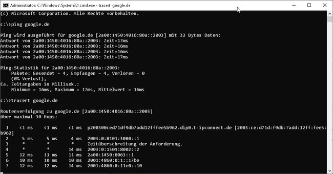 Screenshot der Netzwerkprotokolle Ping + Traceroute in einem DOS-Fenster von Windows 10.