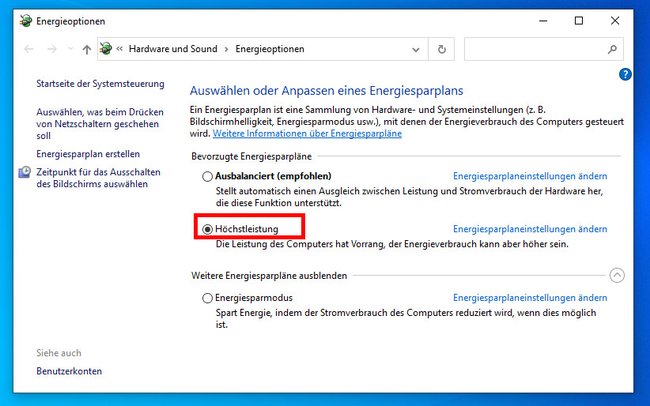 Aktiviert hier die „Höchstleistung“. (Bildquelle: GIGA)