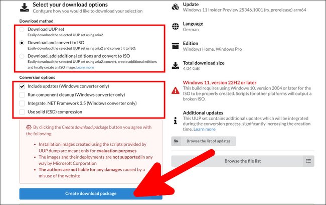 Die Webseite uupdump.net erstellt ein Skript, mit dem ihr die ISO-Datei für Windows 11 ARM herunterladen könnt. Bildquelle: GIGA