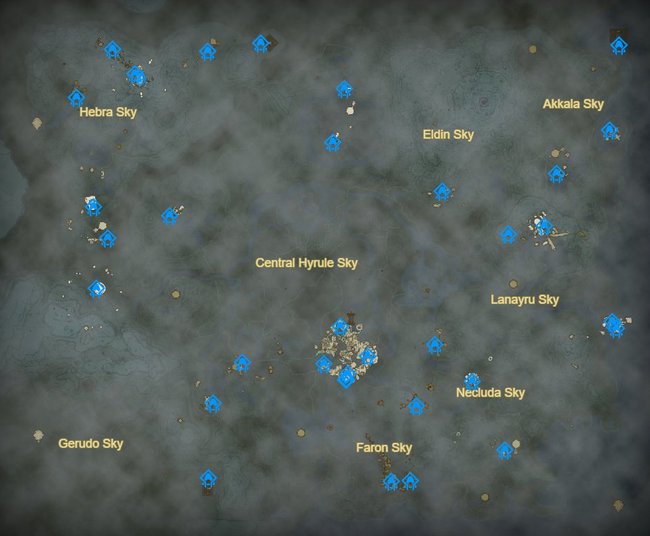 Die Karte zeigt euch alle 32 Schreine im Himmel von Hyrule. (Bildquelle: Zelda Dungeon)