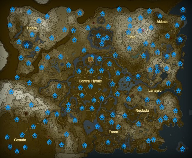 Die Karte zeigt euch alle 120 Schreine auf der Oberfläche von Hyrule. (Bildquelle: Zelda Dungeon)