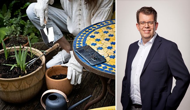 Zwei Bilder: Links eine weiblich gelesene Person verrichtet Gartenarbeit. Auf einem Tisch liegt ein Handy der Marke Nokia. Rechts ein Porträit des HMD-Europachefs Eric Matthes.