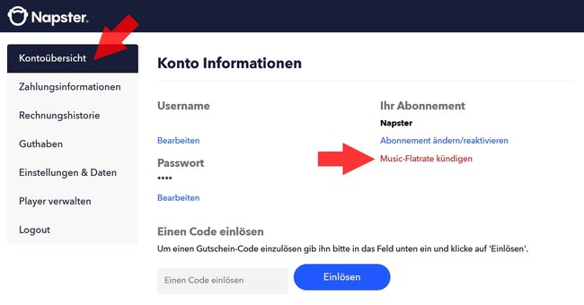 Napster Kontouebersicht Music-Flatrate kuendigen