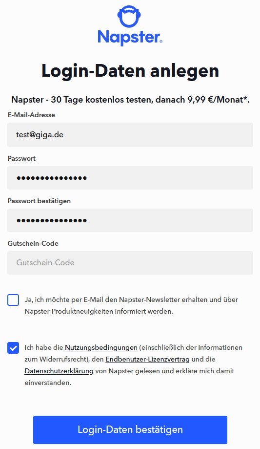 Napster-Login Anmeldung 30 Tage Testphase
