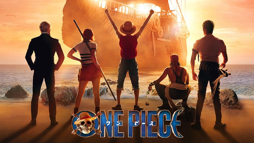 Sanji, Nami, Luffy, Usopp und Zoro vor der Going Merry mit dem One Piece-Logo