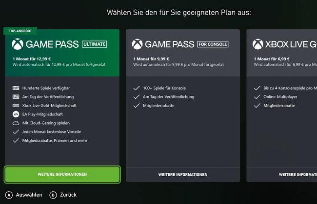Xbox Game Pass reaktivieren Abo-Auswahl