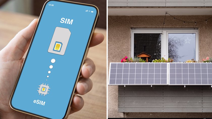 Eine Person hält ein Smartphone in der Hand, das ein Bild einer SIM-Karte zeigt. Daneben ist ein zweites Bild mit einem Haus mit einem Balkonkraftwerk.