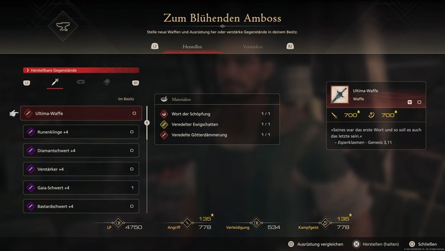 Die aufgedeckten Ressourcen zur herstellung der Ultima-Waffe in FF16 (Quelle: Screenshot GIGA).