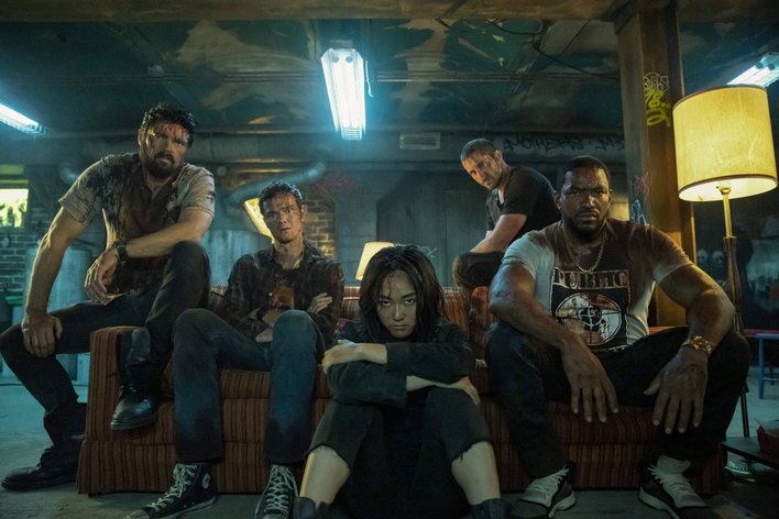 Karl Urban, Jack Quaid, Karen Fukuhara, Tomer Kapon, Laz Alonso, The Boys Season 2 (2020) Credit: Jasper Savage / Amazon