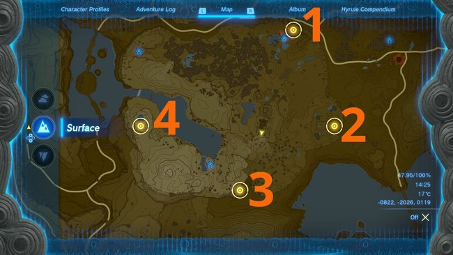 The map shows you where the four eyes of the statue are located.  (Image source: Screenshot GIGA)