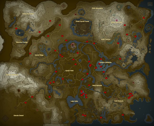 Die Karte zeigt euch die Fundorte aller 58 Brunnen. (Bildquelle: Zelda Dungeon; Bearbeitung: GIGA)