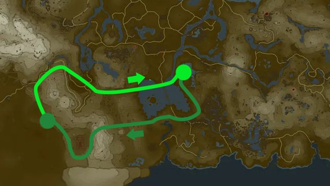 Die Karte zeigt euch Farodras Route. Die hellere Linie steht für den Himmel und die dunklere für den Untergrund. (Bildquelle: ZeldaMods; Bearbeitung: GIGA)
