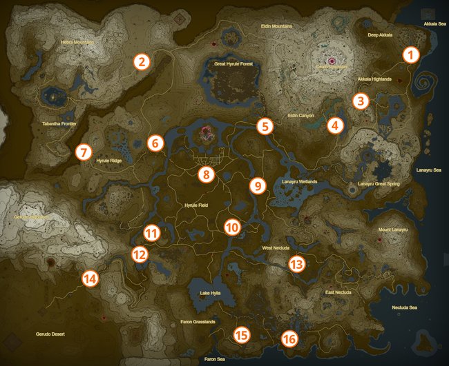 Die Karte zeigt euch die Fundorte aller Ställe in Zelda: Tears of the Kingdom. (Bildquelle: Screenshot GIGA)