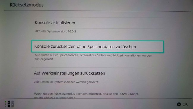 Nintendo Switch Ruecksetzmodus Konsole zuruecksetzen ohne Speicherdaten zu loeschen