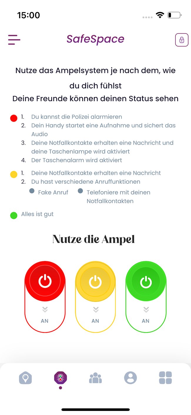 Ein Screenshot zeigt das Ampelsystem der App Safespace.