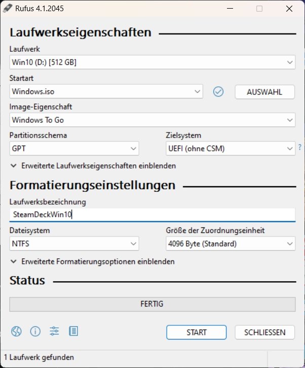 Steam Deck Windows installieren Rufus Einstellungen