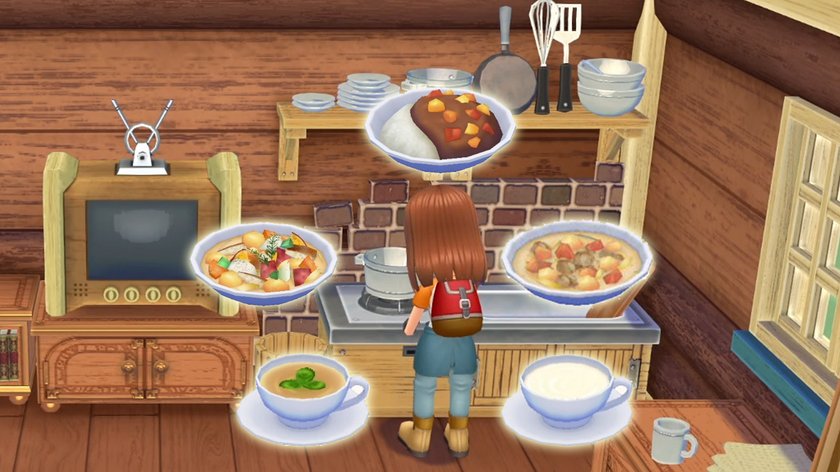 Charakter bereitet ein Rezept in Story of Seasons: A Wonderful Life zu