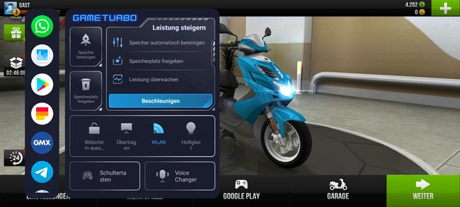 Ein Screenshot zeigt ein geöffnetes Spiel auf dem Smartphone Poco F4 GT. Die Einstellung Game-Turbo ist geöffnet.